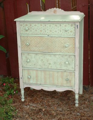 Green and pink cottage-style dresser with splashboard; 1920s-1930s.